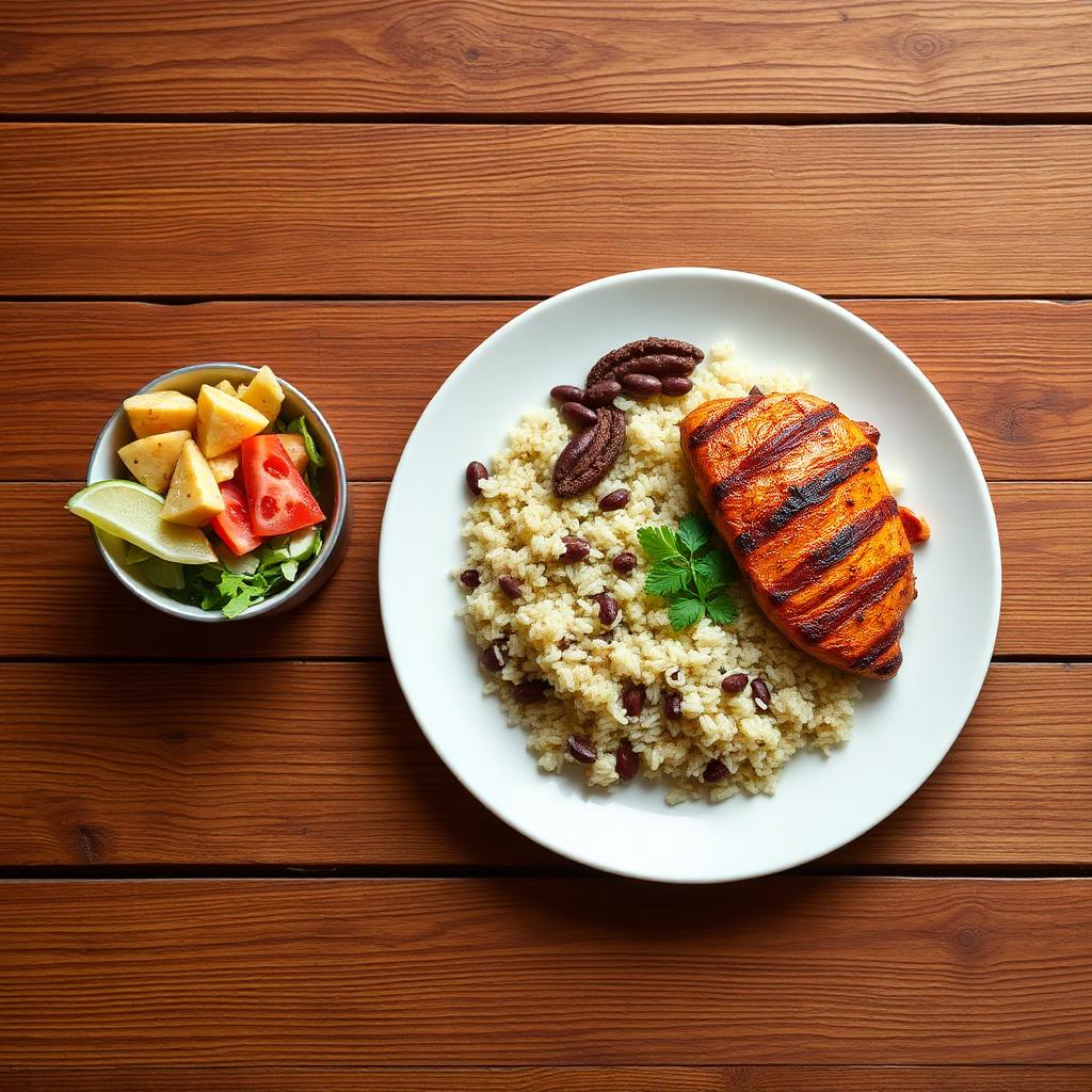 Prato com arroz, feijão e frango grelhado